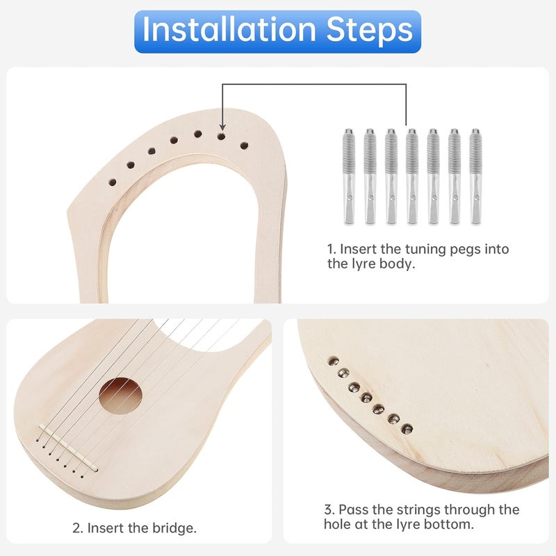OriGlam Lyre Harp 7 String DIY Kit, Make Your Own Bass Wood, Lyres Wood Lyre Harp with String Post Saddle Tuning - Image 3
